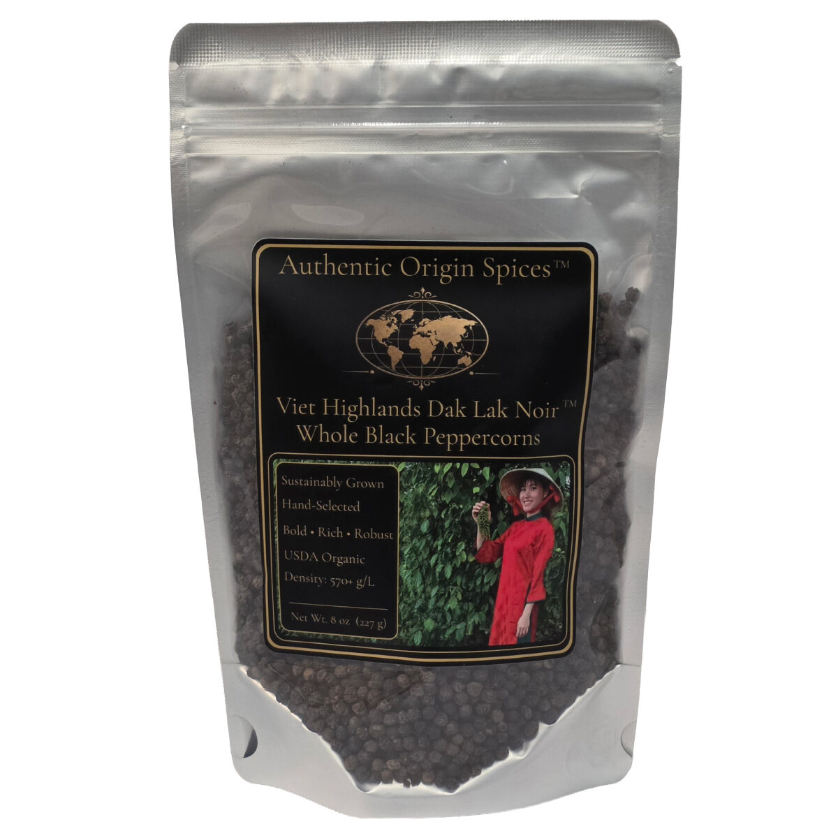 8 ounce Viet HighLands Dak Lak Noir whole black peppercorns