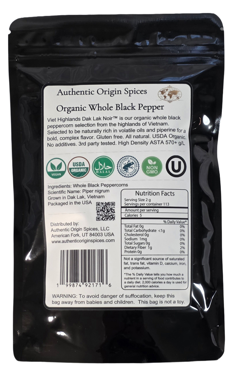 8 ounce Viet HighLand Dak Lak Noir whole black Peppercorns