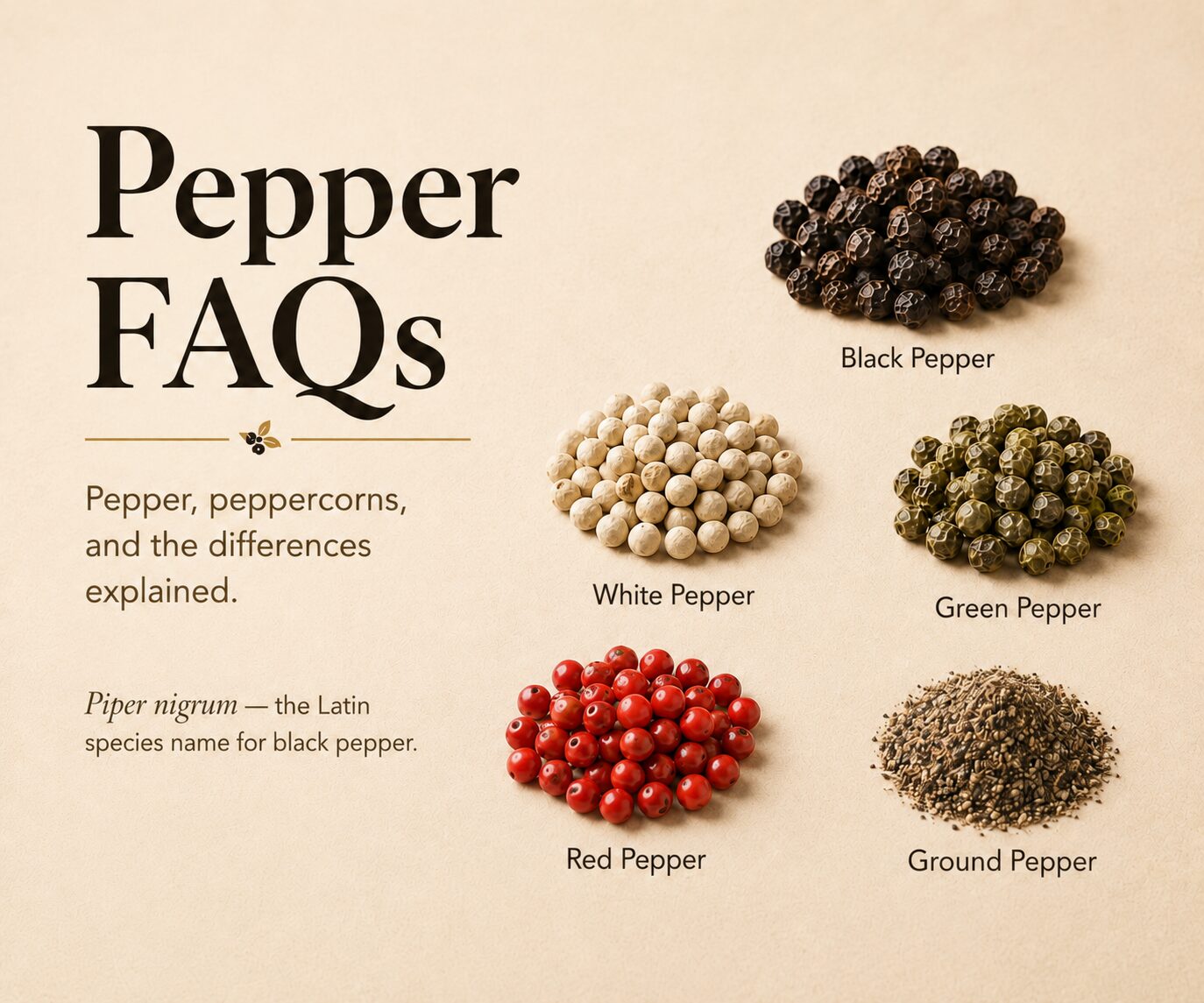 Separate piles of black, white, green, and red peppercorns with ground pepper, illustrating the different forms of Piper nigrum.